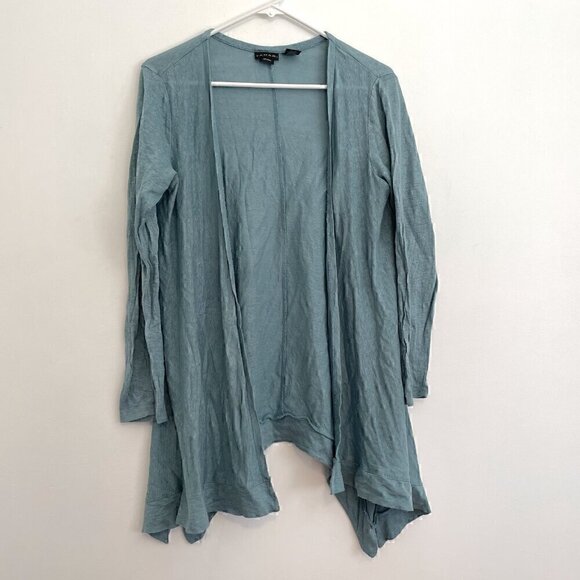TAHARI Solid Blue Asymmetrical Open Front 100% Linen Boho Long Cardigan Sweater - Picture 2 of 13